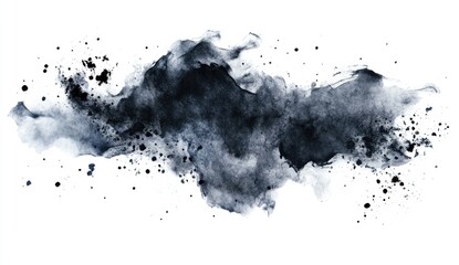 Poster - Dark ink blots and splatters on white background.  A textured abstract design of dark blue-grey ink