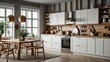 © Farkhanda - Scandinavian classic white kitchen with wooden details. Modern furniture with accessories and various utensils.
