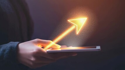 Poster - Professional businesswoman launching glowing digital arrow, representing corporate growth, innovative strategy, technological advancement in modern workplace