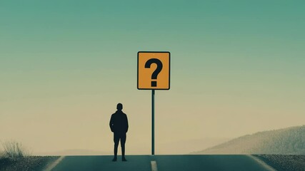 Poster - Contemplative man standing at road crossroads, examining potential life paths symbolized by question mark sign, representing decision making and personal journey toward purpose