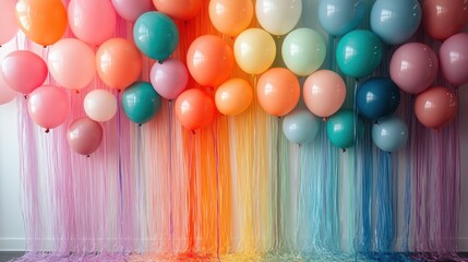 Poster - Rainbow Streamer Wonderland - Dozens of multicolored crepe paper streamers cascading from ceiling to floor, intermixed with round latex balloons in coordinating hues.