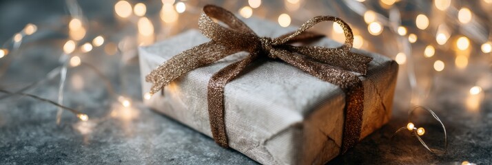 Aufkleber - Holiday Gift Box Unwrapped With Sparkling Lights Arrayed Around It Creating a Festive Atmosphere