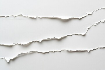 Poster - Ripped white paper strips on a white surface.  Several horizontal strips of paper are torn, showing uneven edges, against a smooth white background.  The rips have a slightly ragged texture
