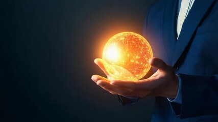 Aufkleber - Professional businessman standing near glowing network sphere, representing global digital connectivity and technological advancement against dark technological backdrop