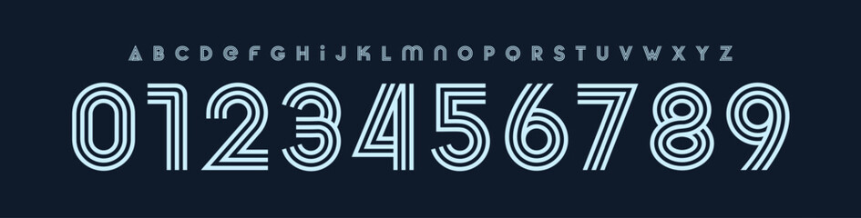 Aufkleber - Outline deco typography, striped monoline font, modern linear alphabet, retro logo typeface, geometric artstyle numbers, boutique fashion branding, editorial headline letters. Vector typeset.
