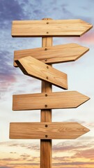 Poster - Multiple wooden arrow signs on a post pointing in various directions against a sunset sky represent choices, decisions, and finding the right path