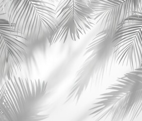 Poster - Monochromatic palm frond shadows on a bright background.  Detailed image of light gray palm leaf silhouettes, casting soft shadows on a white backdrop, creating a natural, airy feel
