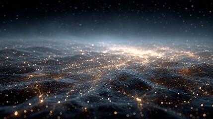 Aufkleber - Celestial Sea: A dark, atmospheric expanse where waves of sparkling golden light meet a starlit, ethereal abyss.