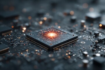 Poster - Central Processing Unit with Glowing Center on Motherboard Macro Shot Depicting High Technology and Innovation