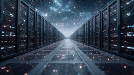 Fototapete - Cosmic Data Center: A Journey Through the Digital Universe, Server Racks Under a Starry Sky, Innovation and Connectivity 