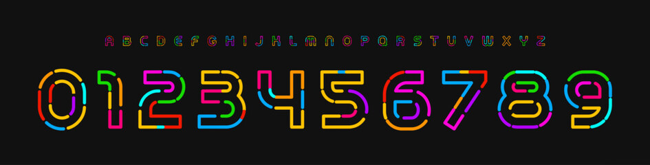 Aufkleber - Colorful Neon Number Font, Bright Modular Outline Alphabet for party posters, digital games, hoodie and jersey branding for youthful teams, tech visuals, and UI elements. Vector Illustration.