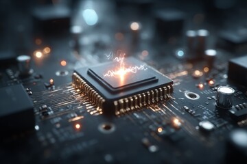 Leinwandbilder - High-Detail Image of a Circuit Board with a Glowing Central Processor and Bokeh Lighting in the Background