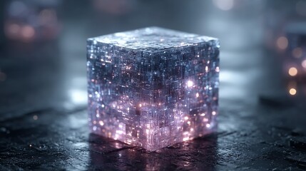 Aufkleber - Illuminated Abstract Cube: A Captivating 3D Render with Intricate Details and Mesmerizing Glowing Lights, Standing on a Dark Surface.