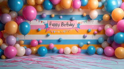 Poster - Whimsical Party Backdrop - A colorful striped backdrop adorned with floating balloons, crisscrossing streamers, and a 