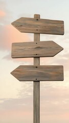 Poster - Weathered wooden signpost standing at crossroads, multiple directional arrows pointing against dramatic cloudy sky, representing decision making and life pathways