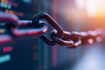 connected metal chain links on abstract technological background for security and networking concept