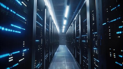 Aufkleber - Bright and secure data center hallway with metallic flooring and glowing server racks, perfect for illustrating high-performance cloud, AI, or enterprise computing