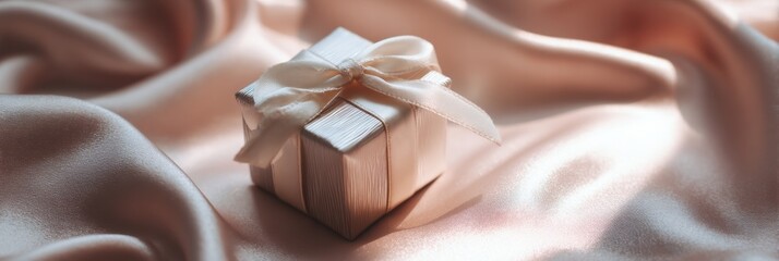 Poster - Small Present Elegantly Placed on Soft Satin Cloth Illuminated by Gentle Pastel Lighting
