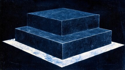 Poster - Minimalist Dark Blue Cube Abstract Photo  Two Tiered Platform  Geometric Shapes  Modern Ar