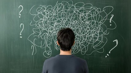 Poster - Student sitting in classroom, head turned away from chalkboard filled with chaotic lines and question marks, symbolizing academic uncertainty and mental struggle