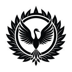 Poster - Elegant black and white vector illustration of a majestic swan with open wings surrounded by laurel wreath emblem
