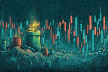 Poster - Light from a candle illuminates abstract charts and jars in a mystical landscape conveying a sense of exploration at dusk