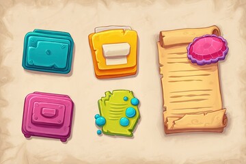 Poster - Colorful game interface elements designed for crafting and resource management in a digital game setting