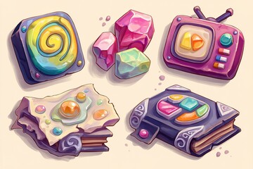 Poster - Colorful fantasy game items featuring gems, books, and a vintage television set arranged on a light background