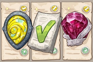 Poster - Game interface showing completed quests with rewards displayed on a light background
