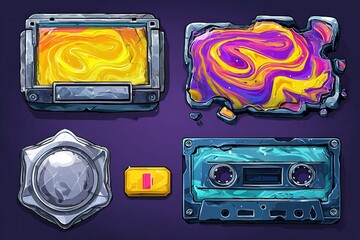 Poster - Colorful abstract shapes and a retro cassette displayed together on a dark background in a creative artistic arrangement