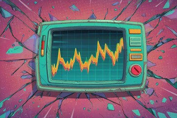 Poster - Vintage monitor displays fluctuating financial data against a cracked wall backdrop in a colorful, dynamic illustration