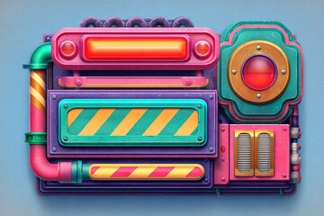 Poster - Colorful abstract machinery with pipes, buttons, and panels displayed against a textured background