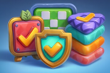Poster - Colorful game icons featuring check marks create an engaging visual display of achievements and progress in a digital environment