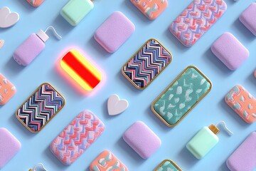 Poster - Colorful assortment of decorative soap bars and beauty products on a blue background highlighting various patterns and designs