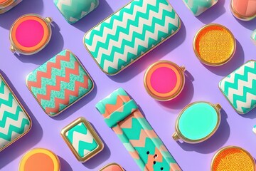 Poster - Colorful accessories laid out in an artistic arrangement displaying vibrant patterns on a purple surface