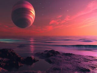 Poster - Surreal Exoplanet Landscape with Ocean and Rocky Shoreline at Sunset Digital Art Illustration