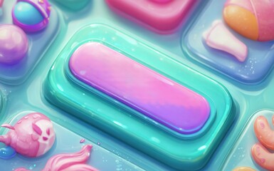 Poster - Colorful abstract design featuring vibrant buttons and playful elements in a whimsical setting