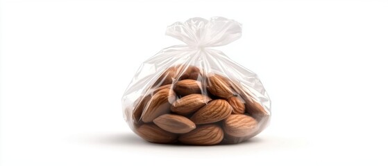Poster - Almonds in Clear Plastic Bag on White Background Studio Shot Healthy Snack Food Ingredient Close Up Still Life