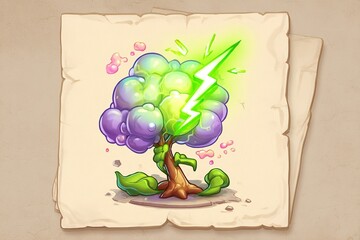 Poster - Colorful cartoon tree with lightning bolt and bubbles depicted on an old parchment-style background