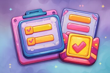 Poster - Colorful checklist and buttons illustration set designed for engaging digital applications in a modern style