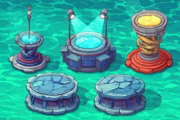 Fototapete - Artistic design of floating platforms in a stylized underwater environment with glowing features and vibrant colors