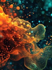 Poster - Abstract orange and teal network with connected spheres and dots forming a complex structure close up
