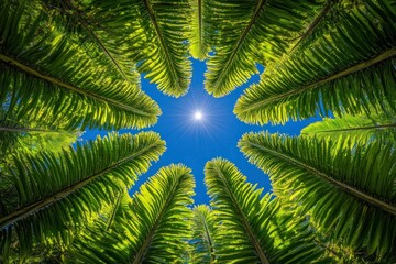 lush green palm fronds framing a bright sun against a clear blue sky in a tropical setting