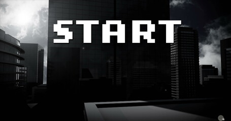 Poster - Image of start text over cityscape
