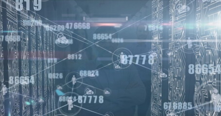 Poster - Image of data processing and icons over cityscape