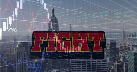 Poster - Image of financial graphs and fights over cityscape