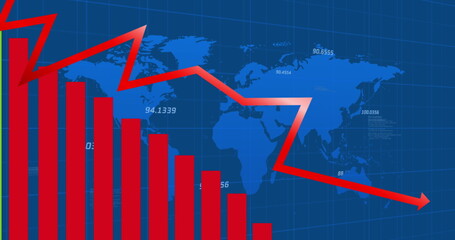 Poster - Image of financial graphs over world map on blue background