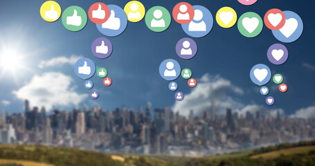 Poster - Image of social media icons floating over landscape