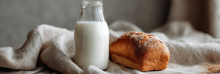 Fototapete - Fresh Milk and Crusty Loaf of Bread Rest Together on Soft Linen Cloth With Gentle Light Illuminating the Scene