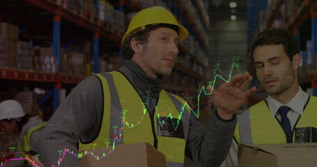 Poster - Image of financial graphs over caucasian male warehouse workers